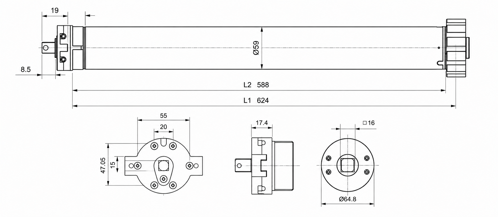 CM59S tubular motor technical drawing